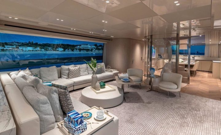 Luxury yacht interior with panoramic windows.