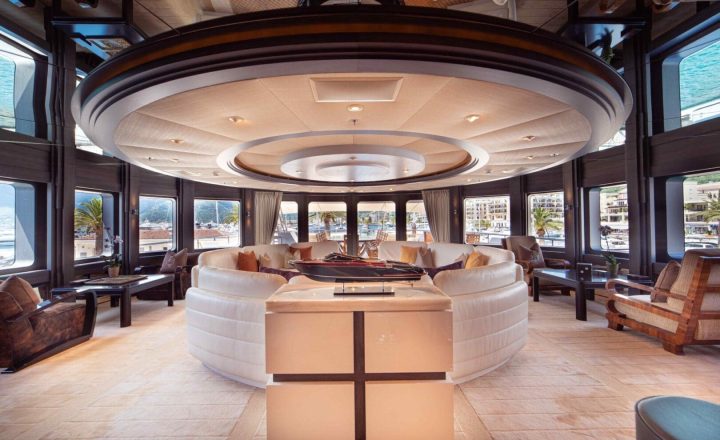Luxury yacht interior with seating area.
